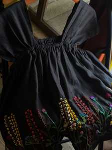 Strapless A-Line Midi <b>Dress</b> With Hand Embroidered Floral Pattern <b>Elastic</b> Waist Loose Boho Summer Woven Linen Casual <b>Dress</b> - Product Image 1