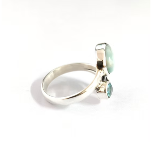 Handmade <b>Solid</b> 925 <b>Silver</b> Ring Real Larimar Teardrop Round Blue Topaz Flower Wrap Band Jewelry JAIPUR <b>SILVER</b> - Product Image 3