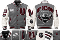 Veste universitaire en cuir gris sur mesure avec manches blanches, patchs d'aigle brodés, veste de baseball Letterman, fabricant OEM