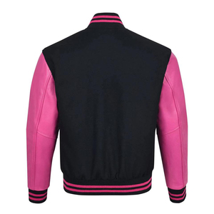 <b>Mens</b> Black and Pink Varsity Style Jacket Leather Style Sleeves Striped Ribbed Trim Snap Button Urban Streetwear Fashion - Product Image 5