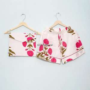 Ensemble de pyjama court élégant pour femme, imprimé floral, col en V, 100% coton pur, respirant, doux, fermeture à cordon, été - Product Image 3