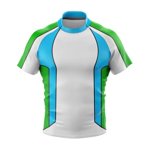 Maillot de rugby sublimé pour homme, manches courtes, ajusté, anti-humidité, color-block blanc bleu vert, col rond, toutes saisons - Product Image 6