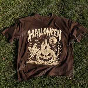 T-shirt graphique personnalisé Halloween, impression 3D en relief, motif citrouille, fantôme, château, marron, coton oversize pour hommes et femmes, streetwear - Product Image 6