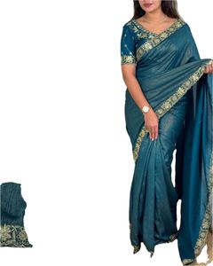 Celebrity Inspired Best Selling Long Length Cut Border Work Mysore Cotton Slub Fabric Precio bajo Sari de moda con blusa - Product Image 1