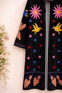 Bohemian Black Velvet Embroidered Long Suzani Jacket With Floral <b>Bird</b> Pattern Full Sleeve <b>Stand</b> Collar Women Autumn Outerwear - Product Image 3
