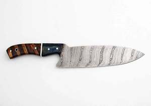 Cuchillo de Cocina de Acero de Damasco Hecho a Mano con Mango de Madera Azul Segmentado, Cuchillo para Cortar Carne - Product Image 1