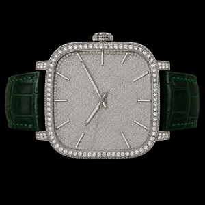 Reloj de Hombre con Esfera Plateada y Cristales, Correa de Cuero Verde, Esfera con Piedras Brillantes, Reloj de Lujo a la Moda - Product Image 2