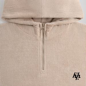 Artisan Quarter Zip <b>Hoodie</b> Waffle Knit Comfort Streetwear With Embroidered Thermal Design 100% Cotton with Pocket - Product Image 3