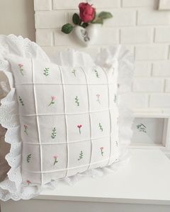 <b>White</b> Hand Embroidered Cotton Cushion Cover Ruffle Lace Trim Floral Decorative <b>Throw</b> Pillow Custom Logo Style De Maison - Product Image 4