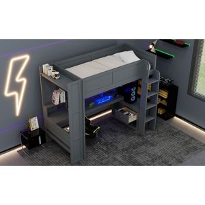 Cama alta de madera gris oscuro tamaño twin para juegos con estación de carga LED y estantes de almacenamiento múltiple. Llegada estimada 2.1 - Product Image 6