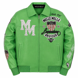 Men's OEM Melle melle <b>Leather</b> Varsity <b>Jacket</b> Custom Logo Heavyweight Letterman <b>Jacket</b> Rhinestone Embroidery Streetwear Outerwear - Product Image 1