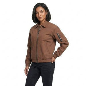 Men's Brown Canvas Bomber Jacket Windproof Workwear Style Turn-down Collar Zipper Closure Regular Fit Autumn Wear - Product Image 6