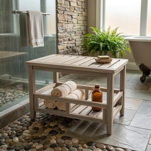 Tabouret en teck léger fait main Ananta avec assise à lattes, banc rustique moderne, meuble portable pour salle de bain et salon, vente en gros - Product Image 6