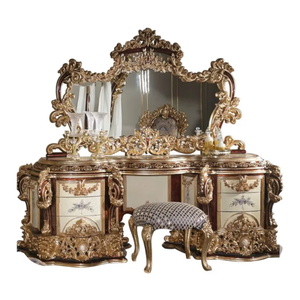 Table de toilette royale de style baroque de luxe en acajou sculpté à la main, finition dorée, avec miroir, idéale pour chambre à coucher, villa ou complexe hôtelier - Product Image 6