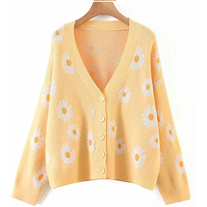 Cardigan en tricot à imprimé floral pour femmes, col en V, manches longues, fermeture à boutons, longueur intégrale, respirant, à porter en toutes saisons - Product Image 5