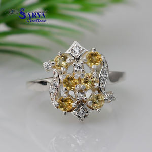 แหวนเงินแท้ 925 ประดับพลอยซิทรินสีเหลืองแบบกลุ่ม |   พลอยทรงกลมธรรมชาติ ดีไซน์ลายดอกไม้ |   เครื่องประดับอัญมณีขายส่ง - Product Image 1