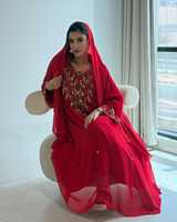 Robe de soirée formelle modeste et simple pour femme, rouge, en mousseline brodée, col en V, manches longues, longueur ras du sol, coupe trapèze, avec superposition transparente et soutien-gorge intégré