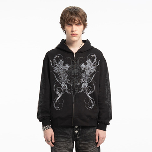 Sudadera con capucha oversize de moda urbana para hombre, con lavado ácido, efecto desgastado, pedrería y estilo vintage, con cremallera. Proveedor mayorista de sudaderas unisex. - Product Image 5