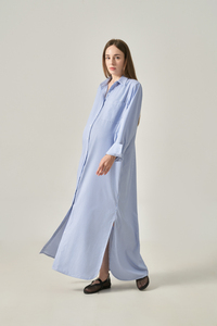 Vestido Maxi a Rayas de Algodón Tejido para Mujer, Cierre de Botones al Frente, Cuello Camisero, Corte Holgado, Transpirable, Estilo Casual Minimalista - Product Image 3