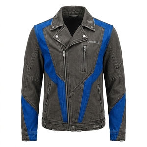 Blouson Biker en Jean Patchwork Bleu Royal Effet Vieilli pour Homme, Fermeture Éclair Croisée Asymétrique Gris Anthracite Délavé, Style Rétro Motard - Product Image 1