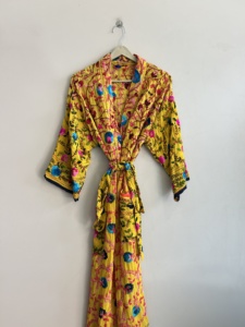 Bata de Algodón con Bordado Floral Amarillo para Mujer, Manga Larga, Informal, Larga, Hecha a Mano, Estilo Boho, Kimono, Ropa de Dormir, Chaqueta - Product Image 3