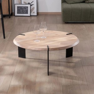 Vandana Golden Living <b>round</b> designer <b>coffee</b> <b>table</b> in acacia wood with 3 <b>black</b> metal legs - Product Image 1