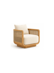 Sillón Moderno de Madera con Respaldo de Mimbre y Tapicería de Tela para Sala de Estar, Muebles para el Hogar o Terraza - Product Image 1