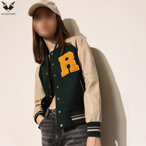 New Arrival Comfortable Women Varsity <b>Jacket</b> Green Beige Full Sleeve Turn Down Collar Button Closure Letter R Embroidery Design - Product Image 4