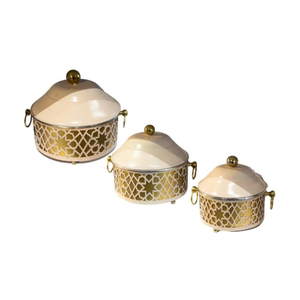 3-Piece Cream & Gold Cut-Out Casserole <b>Set</b>. Elegant Insulated Chafing <b>Dishes</b> For Luxury Catering, Events & Fine Home Dining - Product Image 2