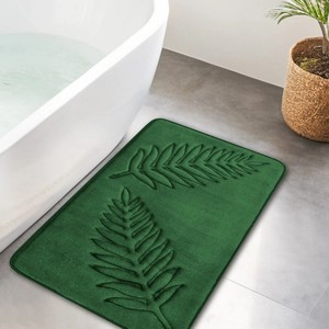 Indian Green Rectangular Chenille Bath <b>Mat</b> With Embossed Fern Pattern Non <b>Slip</b> Rubber Backing Modern Home Decor - Product Image 2