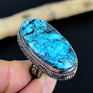 Natural Touqurise Gemstone <b>Adjustable</b> Traditional Unisex 3 Stone Brass <b>Ring</b> with 925 <b>Silver</b> Plating - Product Image 1