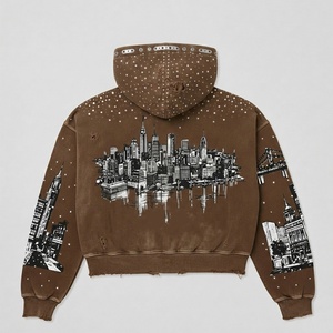 Custom <b>Brown</b> Distressed Zip Up Hoodie With Graphic Print Rhinestone Streetwear Sweatshirt For Unisex Comfort Wear - Product Image 2