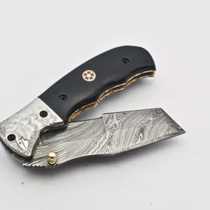 Cuchillo Sheepfoot de Acero de Damasco de Grado Industrial Hecho a Mano con Mango de Madera y Latón, Borde Recto, Mecanismo de Apertura con Perilla, OEM, de Bolsillo - Product Image 2