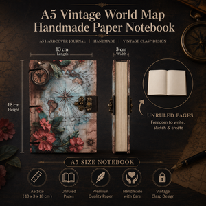 A5 Vintage World Map Handmade Paper <b>Notebook</b> | Eco Friendly High Quality Hardcover Lock Diary 100 Sheets Floral Compass Art - Product Image 5