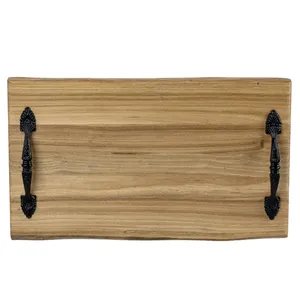 Wooden Serving Tray Rectangle Solid Minimalist Design Handmade with Metal Handles for Dishes & <b>Plates</b> - Product Image 5
