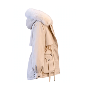 Parka con Capucha de Piel Sintética Beige para Hombre, Chaqueta de Invierno Gruesa Cortavientos, Abrigo Acolchado Casual con Cremallera, Ropa Exterior Transpirable para Hombre - Product Image 2