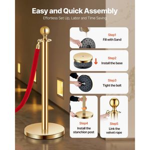4 pezzi con Base cava in acciaio inossidabile corde di velluto rosso candelieri in oro barriere di controllo della folla Red Carpet Runner Party forniture - Product Image 4