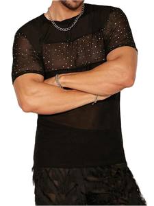 T-shirt en maille transparente avec strass pour hommes, haut sexy transparent et scintillant, tenue de soirée à manches courtes, tenue de soirée à la mode - Product Image 6