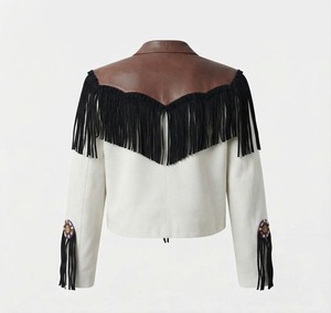 Chaqueta con flecos para mujer, cuello de cuero marrón, flecos de gamuza negra, puños bordados, estilo Prairie Chic corto - Product Image 2