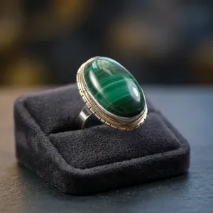 Anillo de cóctel ovalado de malaquita, plata de ley 925, engaste en bisel, estilo bohemio, anillo de moda unisex - Product Image 2