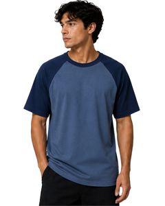 Camiseta raglán azul marino y azul acero personalizada para hombre, de manga corta, cuello redondo, algodón, estilo casual con bloques de color. - Product Image 1