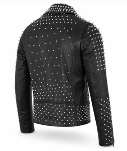Chaqueta de Cuero Negra para Hombre con Tachuelas Plateadas, Cremallera Asimétrica, Transpirable, Resistente al Viento, Estilo Punk Rock - Product Image 5