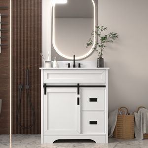 Mobile bagno da 30 pollici con lavabo singolo e ante scorrevoli stile rustico, mobiletto sottolavabo - Video prodotto - Product Image 1