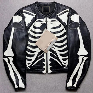<b>Gothic</b> Skeleton Leather <b>Jacket</b> Black Genuine Cowhide Leather Motorcycle <b>Jacket</b> Wholesale OEM ODM - Product Image 1