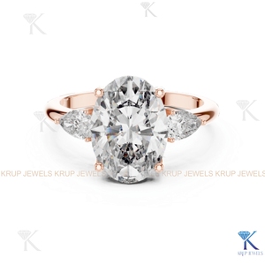 Anillo de compromiso de tres piedras con diamantes CVD cultivados en laboratorio, corte ovalado y marquesa, oro macizo - Product Image 5