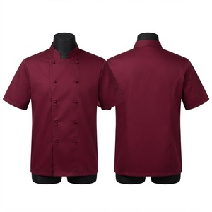 Chaqueta de Chef Premium de 200 GSM, Polialgodón Twill, Unisex, con Serigrafía, Manga Corta, Cuello Mao, Doble Botonadura, Color Borgoña - Product Image 1