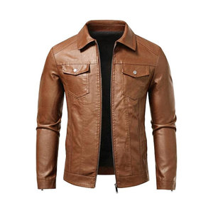 Veste en cuir PU marron pour homme, col rabattu, fermeture éclair, coupe ajustée, pour l'automne - Product Image 1