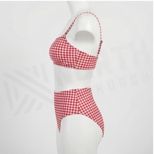Ensemble bikini 2 pièces à carreaux rouges pour femme, haut bandeau et bas taille haute, maillot de bain extensible - Product Image 3