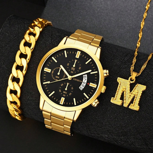 Montre à quartz sportive décontractée pour homme en acier inoxydable doré avec calendrier et bracelet tendance assorti - 192019 - Product Image 1