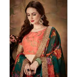 Wedding Apparel <b>Marvelous</b> Green <b>Printed</b> Organza Plus Size Lehenga Choli for Festivals - Product Image 4